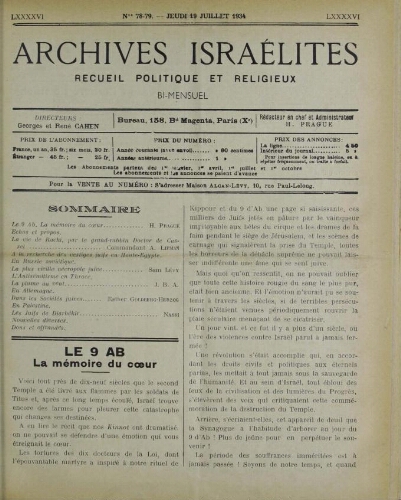 Archives israélites de France. Vol.96 N°78-79 (19 juil. 1934)